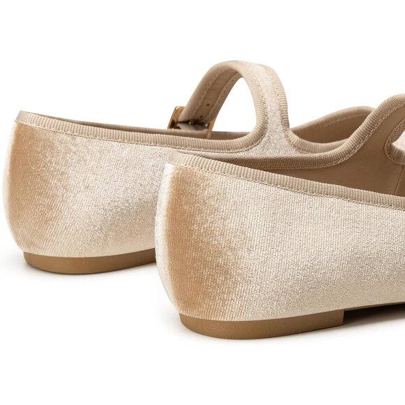 Trary Women's Nude Velvet Square Toe Buckle Strap Ballet Mary Jane Shoes - Picture 3 of 6